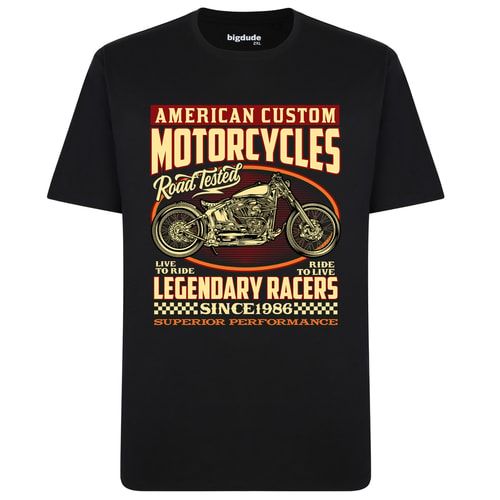 Black crew neck T-shirt with large vintage motorcycle print.